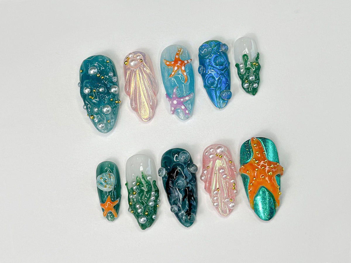 3D Tropical Beach Press On Nails | Ocean-Themed with Seaweed, Seashells, and Starfish | Handmade Press On Nails | OB316SL