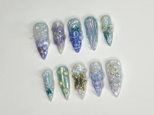 3D Tropical Beach Press On Nails | Ocean-Themed with Seaweed, Seashells, and Starfish | Handmade Press On Nails | OC328SL