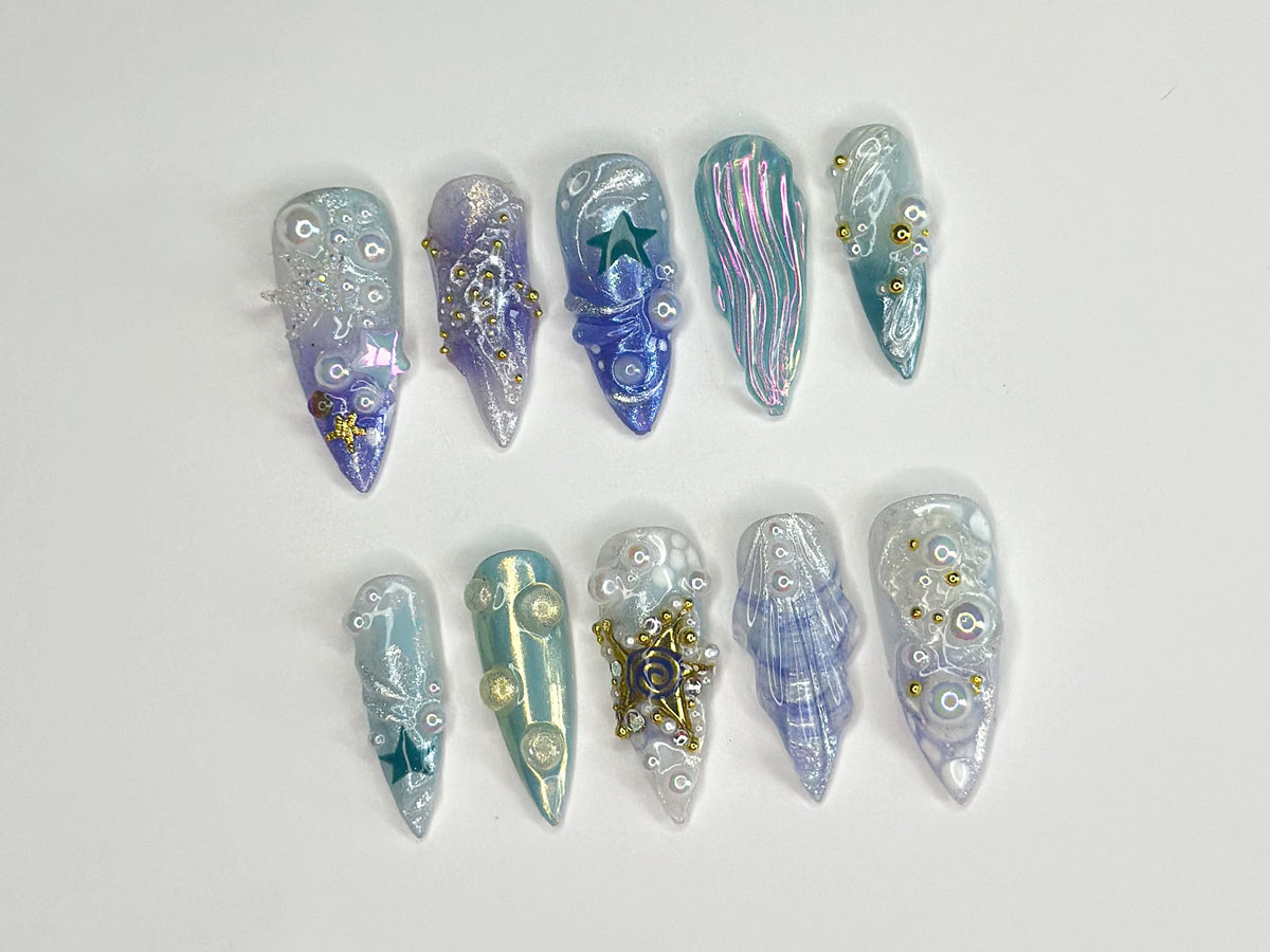 3D Tropical Beach Press On Nails | Ocean-Themed with Seaweed, Seashells, and Starfish | Handmade Press On Nails | OC328SL