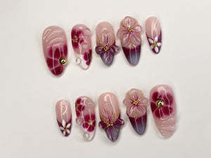 Elegant Floral Press-On Nails | Handcrafted Pink - Burgundy Gradient | 3D Flowers - Rhinestone Accents| Perfect for Special Occasions|OC349SL