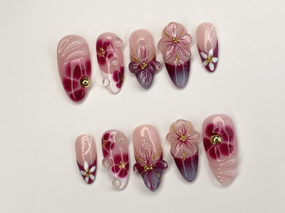 Elegant Floral Press-On Nails | Handcrafted Pink - Burgundy Gradient | 3D Flowers - Rhinestone Accents| Perfect for Special Occasions|OC349SL