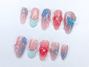 Secret Garden Press On Nails | Long Almond Flowers Nails | Butterfly Charms | Fairy Tale Inspired Fake Nails | Holiday Nails Art | OC421SL