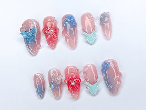 Secret Garden Press On Nails | Long Almond Flowers Nails | Butterfly Charms | Fairy Tale Inspired Fake Nails | Holiday Nails Art | OC421SL