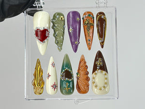 Royal-Inspired Press On Nails | Luxury Jeweled Nail charms | Luxurious Christmas and Holiday Nail Art | Long Stiletto Nail Set | OB456TH