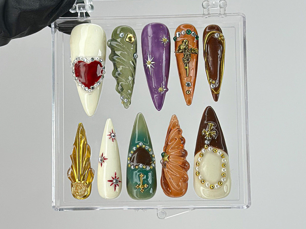 Royal-Inspired Press On Nails | Luxury Jeweled Nail charms | Luxurious Christmas and Holiday Nail Art | Long Stiletto Nail Set | OB456TH