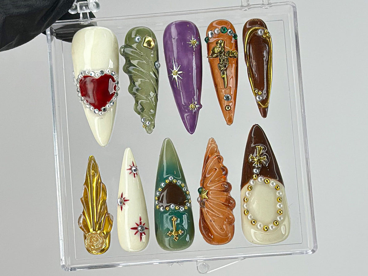 Royal-Inspired Press On Nails | Luxury Jeweled Nail charms | Luxurious Christmas and Holiday Nail Art | Long Stiletto Nail Set | OB456TH