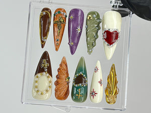 Royal-Inspired Press On Nails | Luxury Jeweled Nail charms | Luxurious Christmas and Holiday Nail Art | Long Stiletto Nail Set | OB456TH
