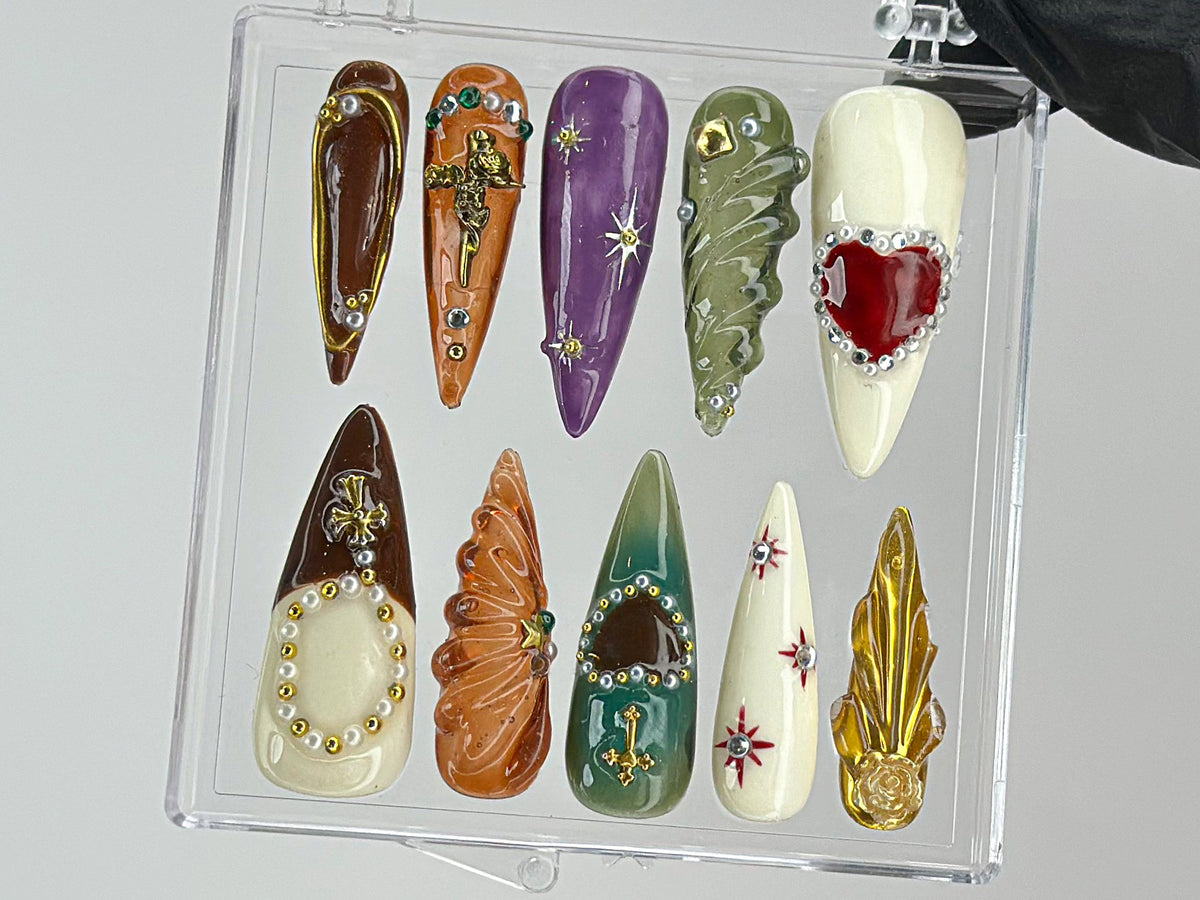 Royal-Inspired Press On Nails | Luxury Jeweled Nail charms | Luxurious Christmas and Holiday Nail Art | Long Stiletto Nail Set | OB456TH