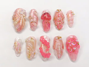 Ocean-inspired Press On Nails | Tropical Beach Designs with Jellyfish, Seashells, and Starfish | Summer Handmade Press On Nails |OC366AL
