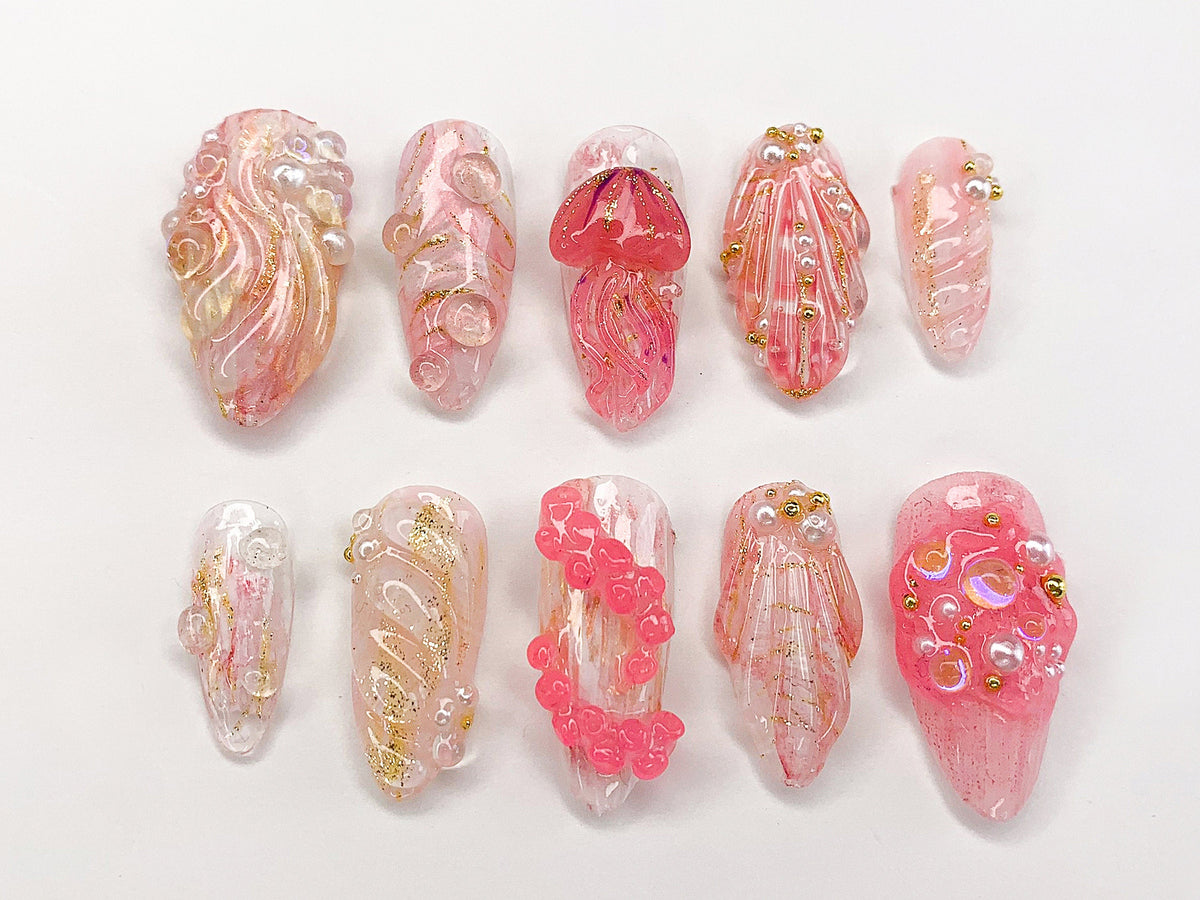 Ocean-inspired Press On Nails | Tropical Beach Designs with Jellyfish, Seashells, and Starfish | Summer Handmade Press On Nails |OC366AL