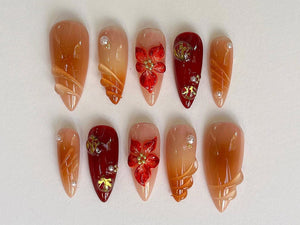 Custom Flower Fairycore Nails | Press On Nails Almond | Dreamy 3D Orchad Floral Press-Ons | Hand-painted Acrylic Spring Fake Nails | OC369A
