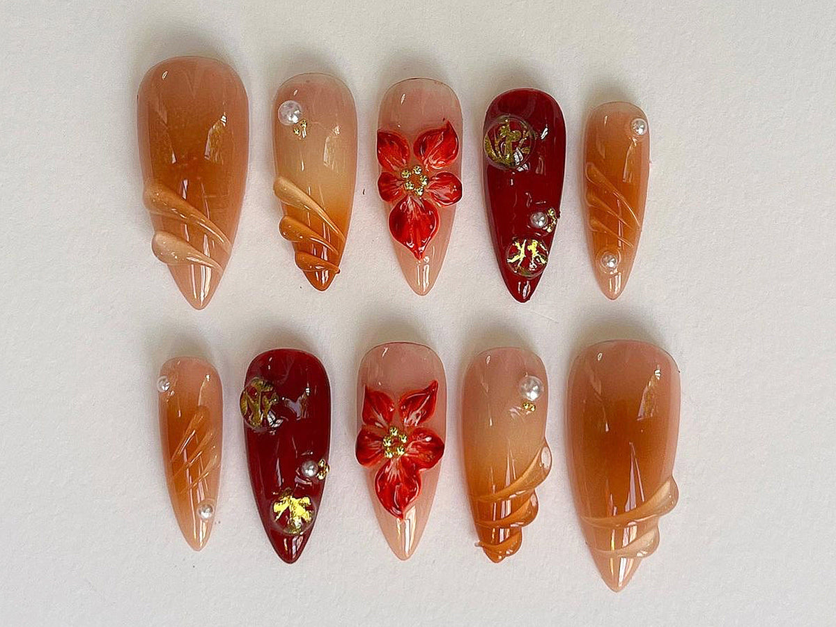 Custom Flower Fairycore Nails | Press On Nails Almond | Dreamy 3D Orchad Floral Press-Ons | Hand-painted Acrylic Spring Fake Nails | OC369A
