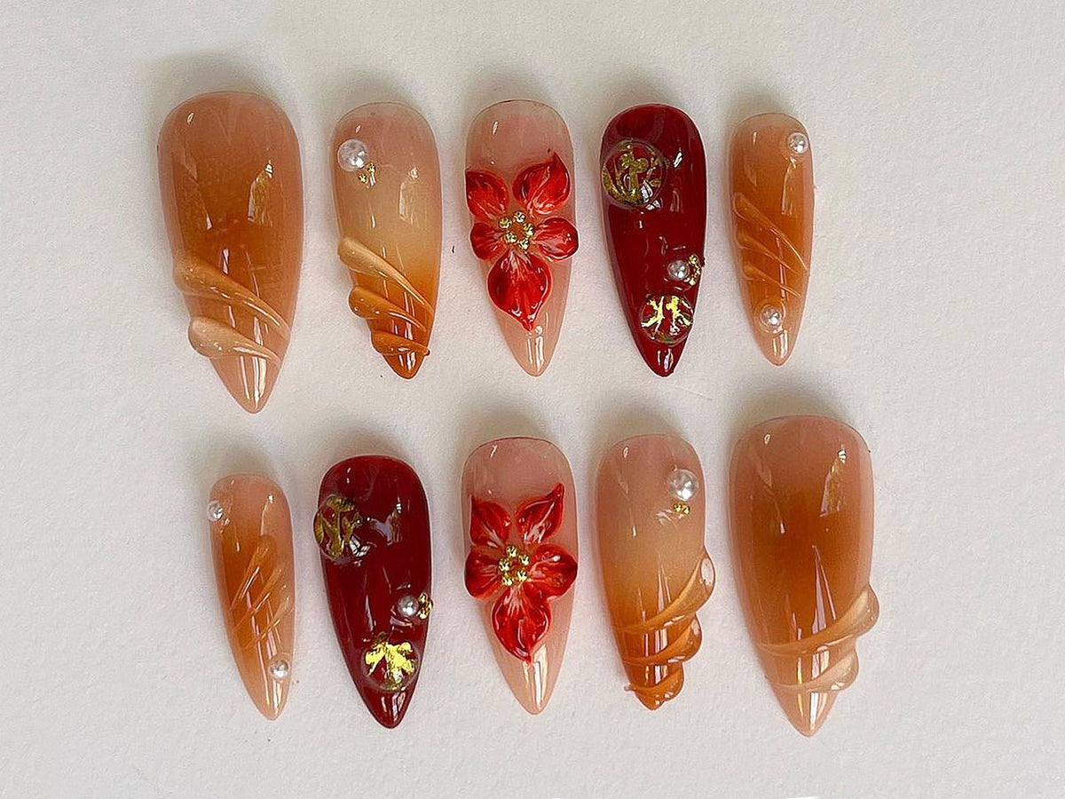Custom Flower Fairycore Nails | Press On Nails Almond | Dreamy 3D Orchad Floral Press-Ons | Hand-painted Acrylic Spring Fake Nails | OC369A