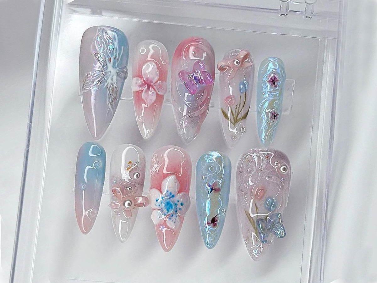 Enchanted Garden Press-On Nails | Floral and Butterfly 3D Nail Art | Handcrafted Fake Nails | Nail Charms | Press Ons | Gift for her| OB462T