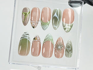 Green French Tips Press On Nails | Luxury False Nails with Floral and Leaf Designs | 3D Floral Nail Art| Summer nails | nail charms| OB467TG