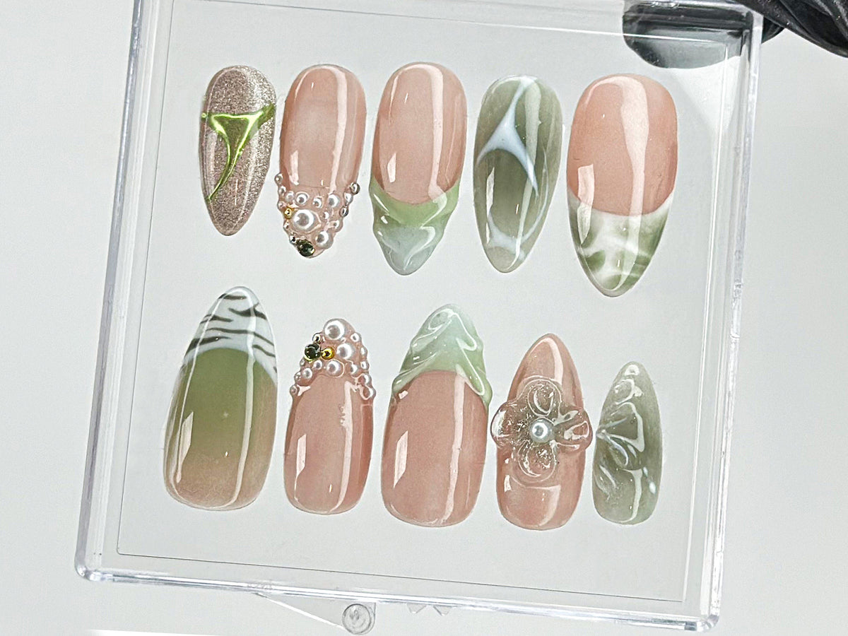 Green French Tips Press On Nails | Luxury False Nails with Floral and Leaf Designs | 3D Floral Nail Art| Summer nails | nail charms| OB467TG