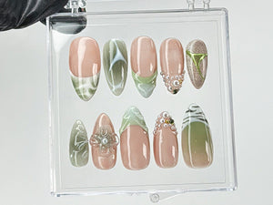 Green French Tips Press On Nails | Luxury False Nails with Floral and Leaf Designs | 3D Floral Nail Art| Summer nails | nail charms| OB467TG