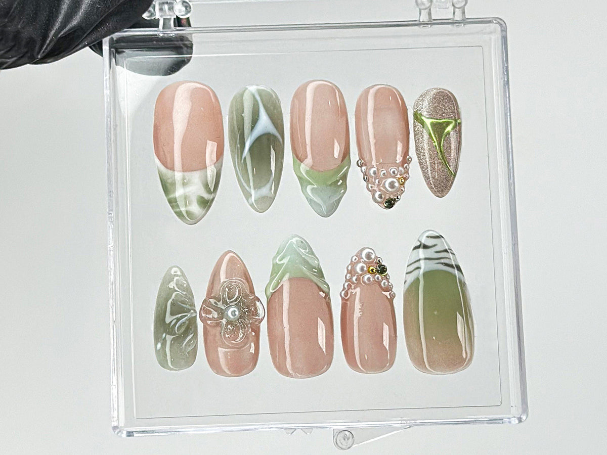 Green French Tips Press On Nails | Luxury False Nails with Floral and Leaf Designs | 3D Floral Nail Art| Summer nails | nail charms| OB467TG
