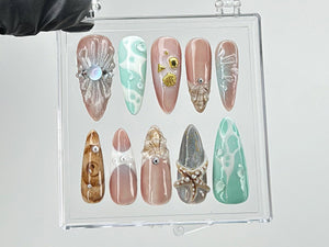 Ocean-Inspired Press On Nails with 3D Starfish | y2k nails |Ocean Nails | Fake Nails | summer press on nails |acrylic press on nails |OB469T