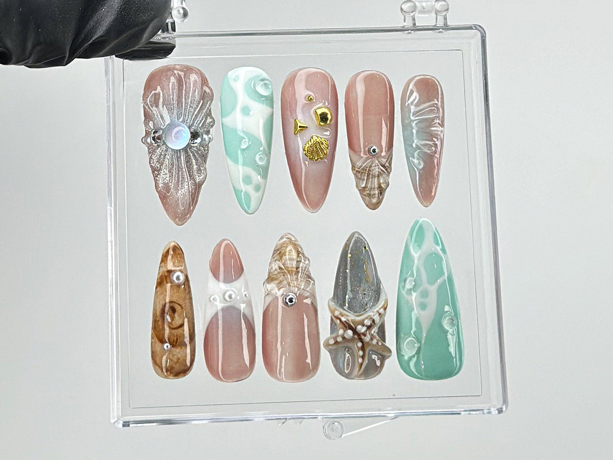 Ocean-Inspired Press On Nails with 3D Starfish | y2k nails |Ocean Nails | Fake Nails | summer press on nails |acrylic press on nails |OB469T