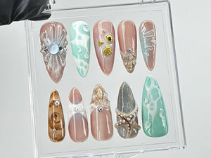 Ocean-Inspired Press On Nails with 3D Starfish | y2k nails |Ocean Nails | Fake Nails | summer press on nails |acrylic press on nails |OB469T