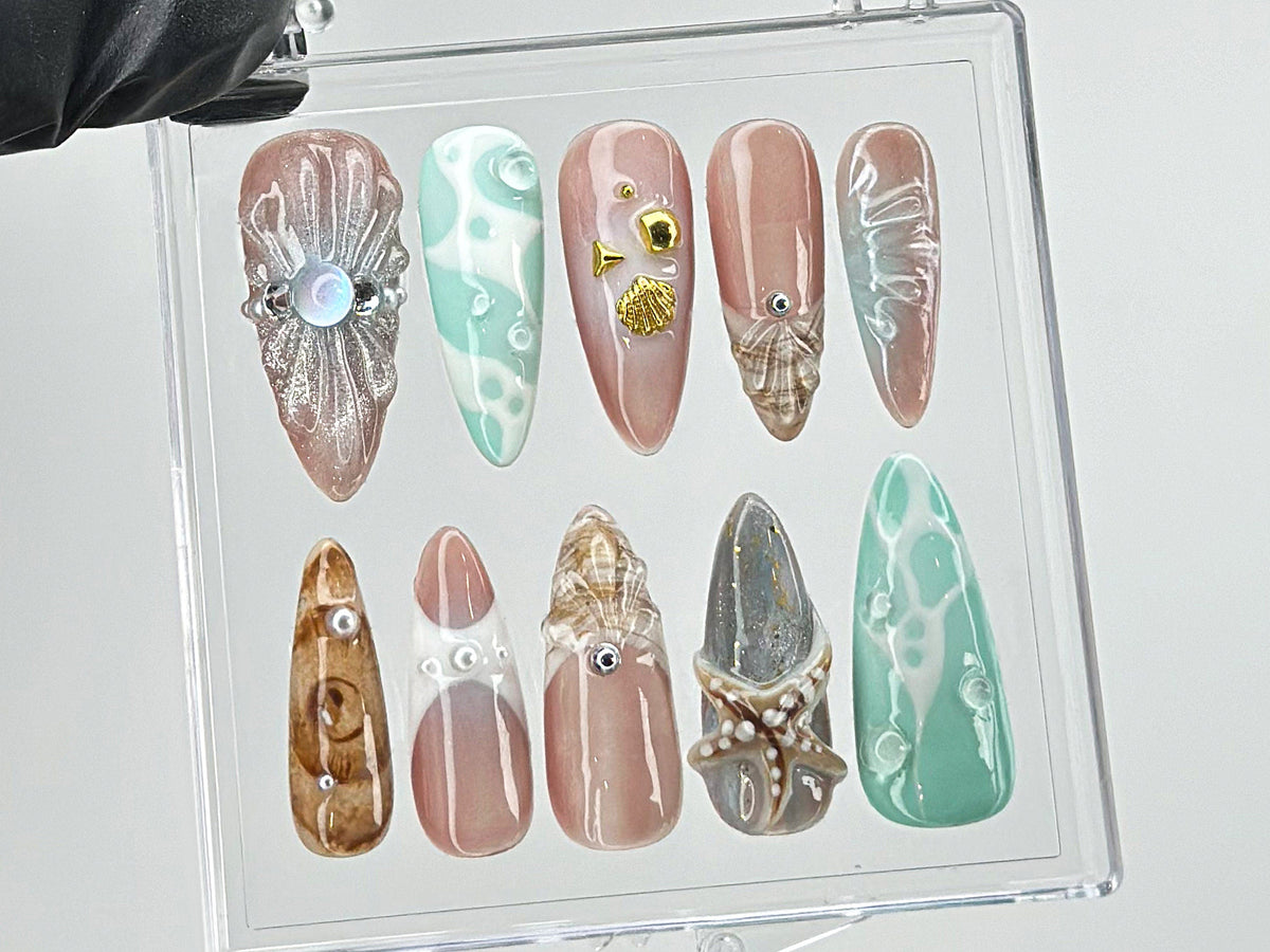 Ocean-Inspired Press On Nails with 3D Starfish | y2k nails |Ocean Nails | Fake Nails | summer press on nails |acrylic press on nails |OB469T
