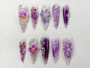 Fairy Tale Flower Long Almond Press On Nails | 3D Orchad Floral Fairycore Press-Ons | Hand-painted Purple Acrylic Fall Dreamy Nails | OB394AL