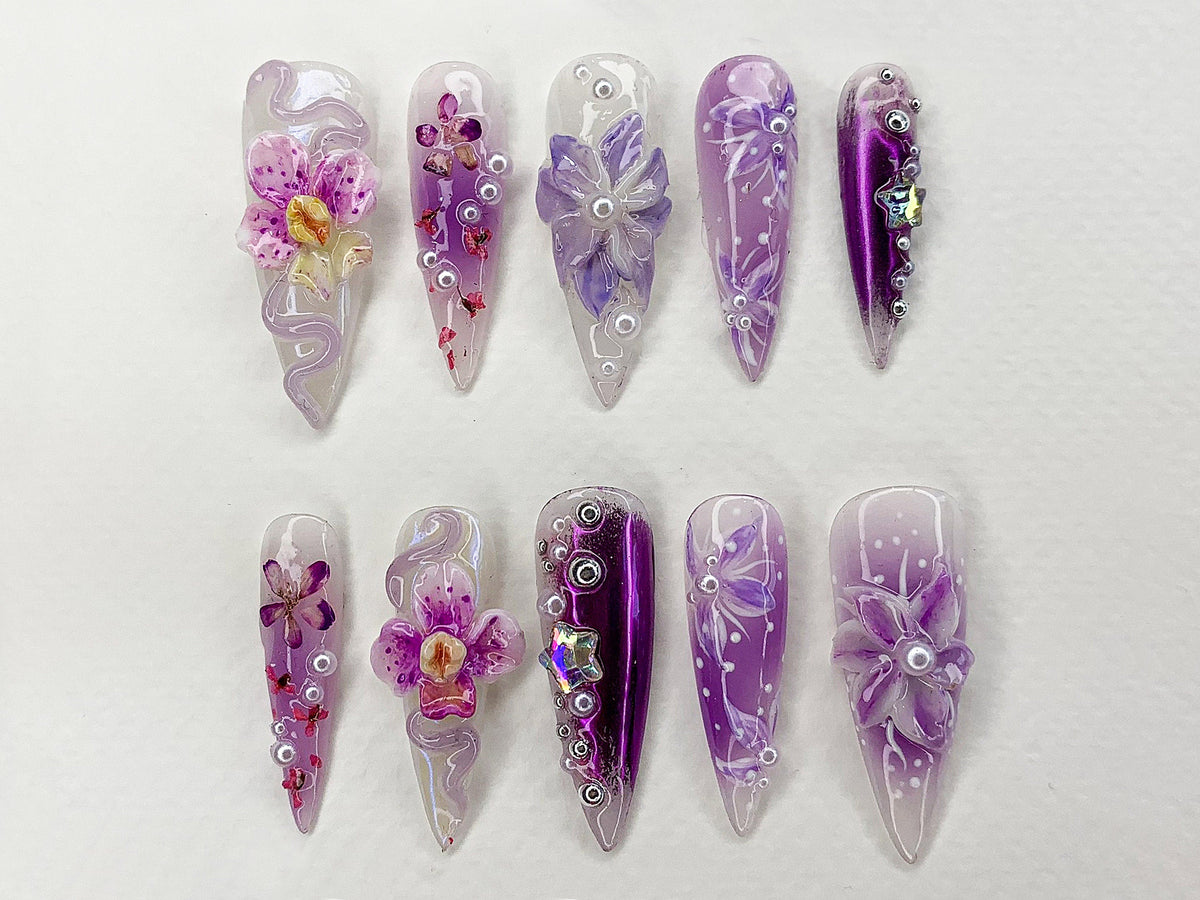 Fairy Tale Flower Long Almond Press On Nails | 3D Orchad Floral Fairycore Press-Ons | Hand-painted Purple Acrylic Fall Dreamy Nails | OB394AL
