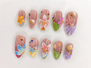 Ocean Bliss Press On Nails | Seashell & Starfish Nail Art | 3D Jelly Orchids Nail Art | Beach Vibes Press On | Under the Sea Nails | OB439SL