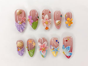 Ocean Bliss Press On Nails | Seashell & Starfish Nail Art | 3D Jelly Orchids Nail Art | Beach Vibes Press On | Under the Sea Nails | OB439SL