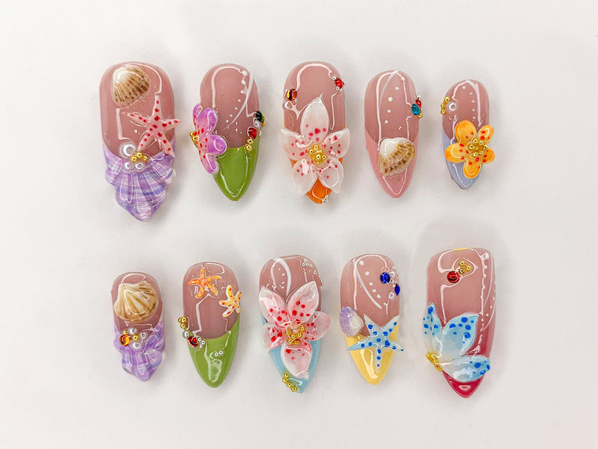 Ocean Bliss Press On Nails | Seashell & Starfish Nail Art | 3D Jelly Orchids Nail Art | Beach Vibes Press On | Under the Sea Nails | OB439SL