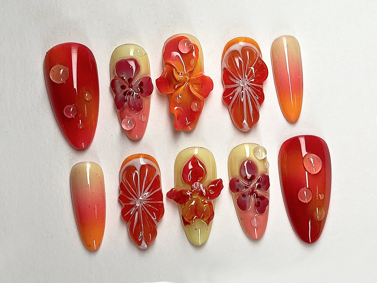 Summer Blossom Press On Nails | Tropical Sunset 3D Gel Floral Ombre Nail Art | Custom Handmade Floral Nails | Dreamy Almond Nails | OC403A