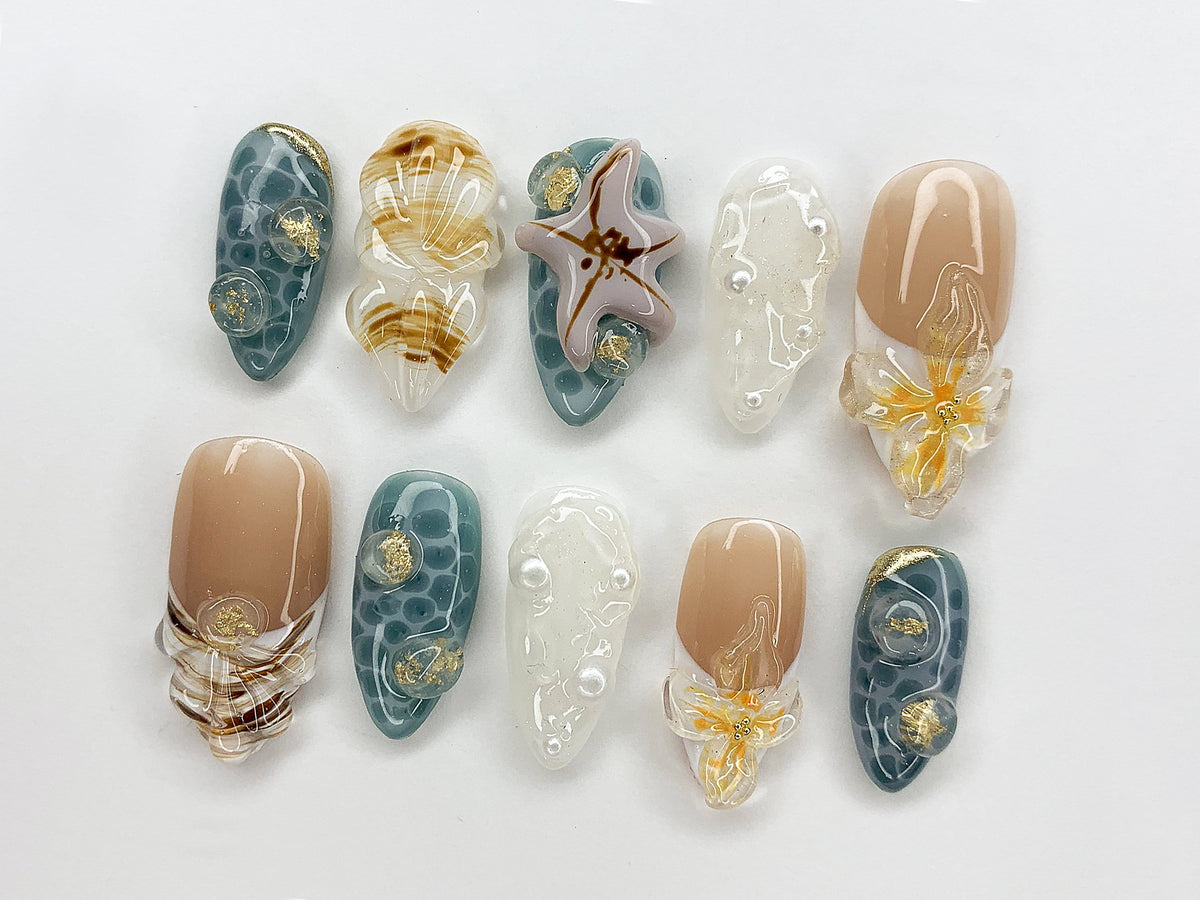Ocean-Inspired Press On Nails Almond | 3D Beach Theme with Seashells and Starfish | Handmade Pearls Press On Nails for Summer Vibes | OB393A