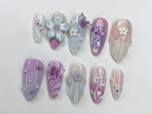 Dreamy Colorful Press On Nails | Summer Vibes with 3D Flower, Butterfly, Mermaid Designs | Cute/Adorable Blue and Pink Nail Art | OC353A