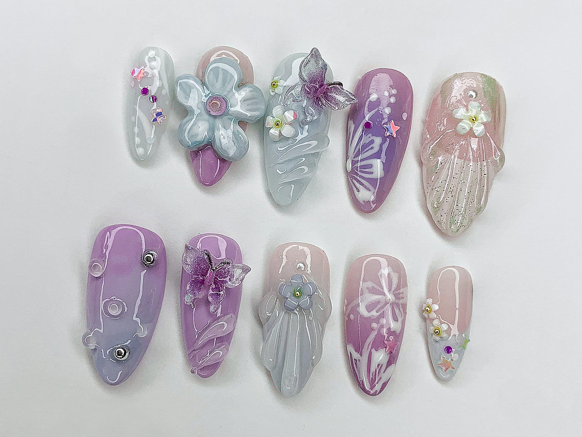 Dreamy Colorful Press On Nails | Summer Vibes with 3D Flower, Butterfly, Mermaid Designs | Cute/Adorable Blue and Pink Nail Art | OC353A