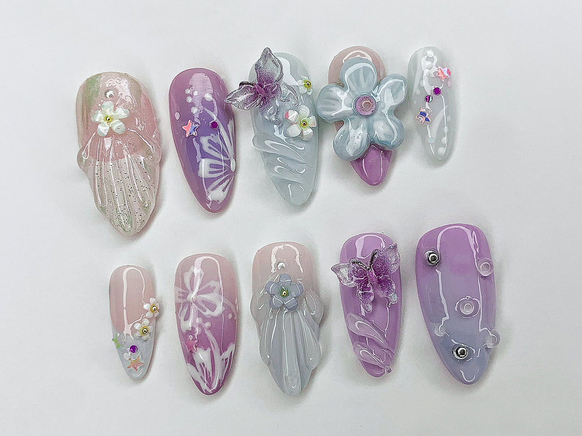 Dreamy Colorful Press On Nails | Summer Vibes with 3D Flower, Butterfly, Mermaid Designs | Cute/Adorable Blue and Pink Nail Art | OC353A