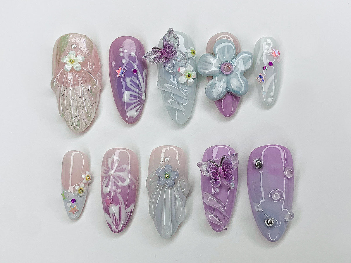 Dreamy Colorful Press On Nails | Summer Vibes with 3D Flower, Butterfly, Mermaid Designs | Cute/Adorable Blue and Pink Nail Art | OC353A