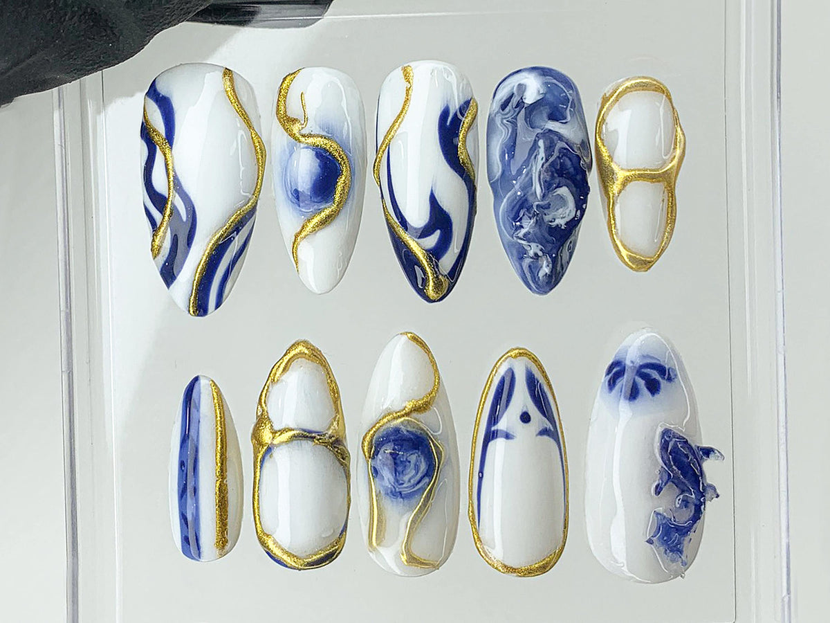 Japanese Koi Fish Porcelain Nails | White & Blue Press-On Nails | Custom Handmade Bát Tràng Ceramic Nail Art from Vietnam | OB480AV