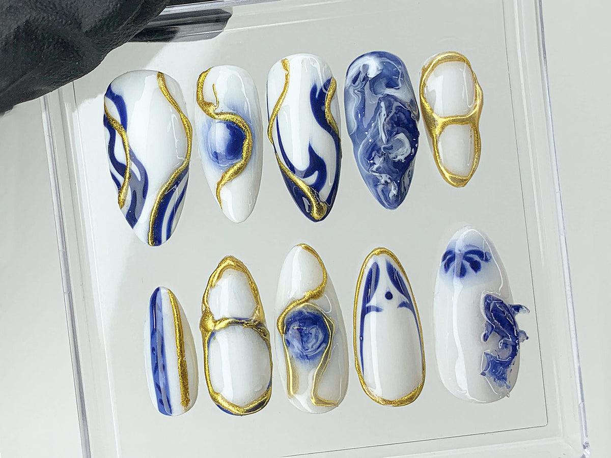 Japanese Koi Fish Porcelain Nails | White & Blue Press-On Nails | Custom Handmade Bát Tràng Ceramic Nail Art from Vietnam | OB480AV