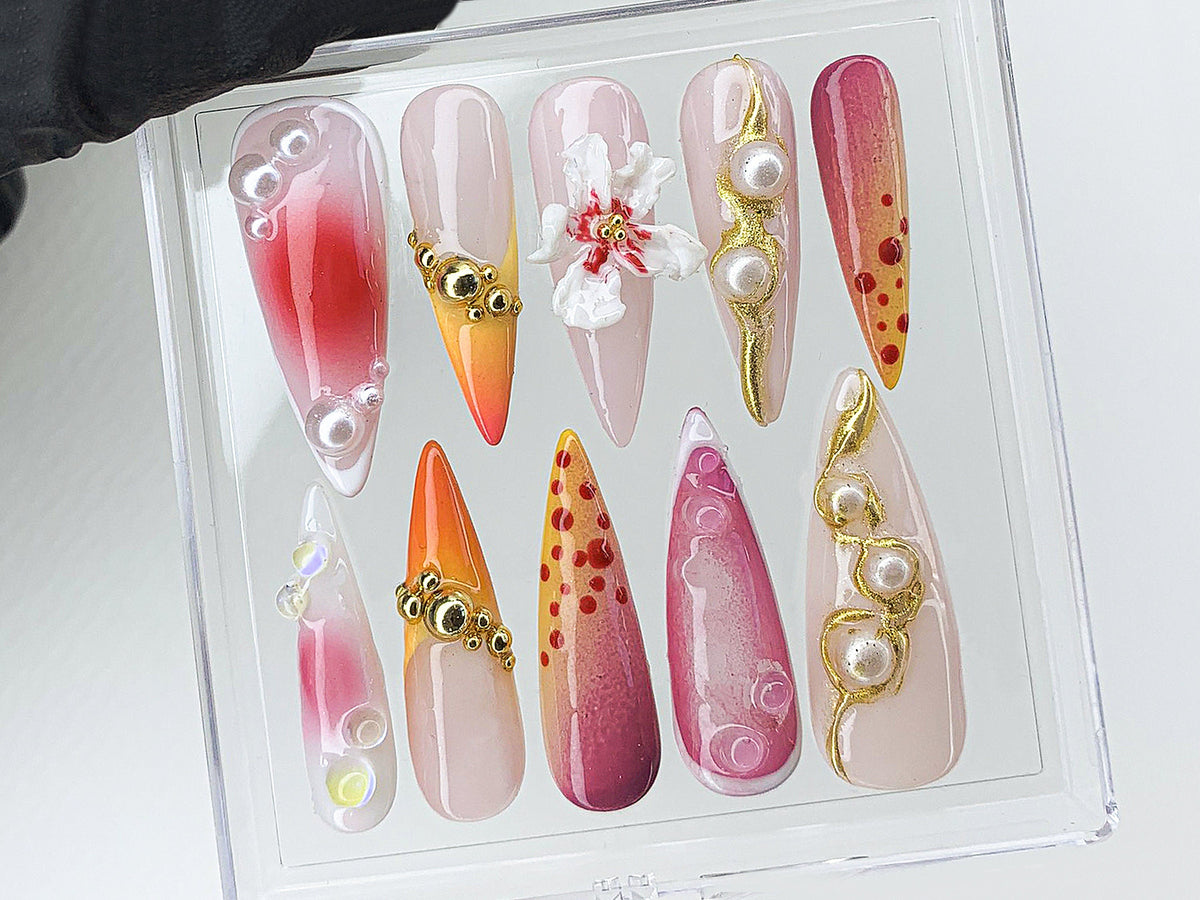 Secret Garden Long Almond Flowers Press On Nails | Custom 3D Handpainted FairyCore Acrylics Spring Press Ons | Gifts for Her | OB481AV