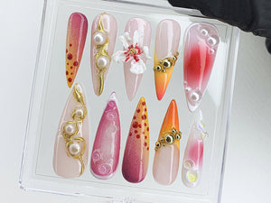 Secret Garden Long Almond Flowers Press On Nails | Custom 3D Handpainted FairyCore Acrylics Spring Press Ons | Gifts for Her | OB481AV