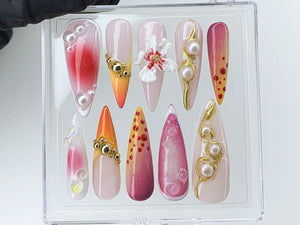 Secret Garden Long Almond Flowers Press On Nails | Custom 3D Handpainted FairyCore Acrylics Spring Press Ons | Gifts for Her | OB481AV