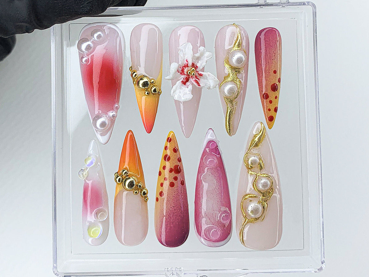 Secret Garden Long Almond Flowers Press On Nails | Custom 3D Handpainted FairyCore Acrylics Spring Press Ons | Gifts for Her | OB481AV