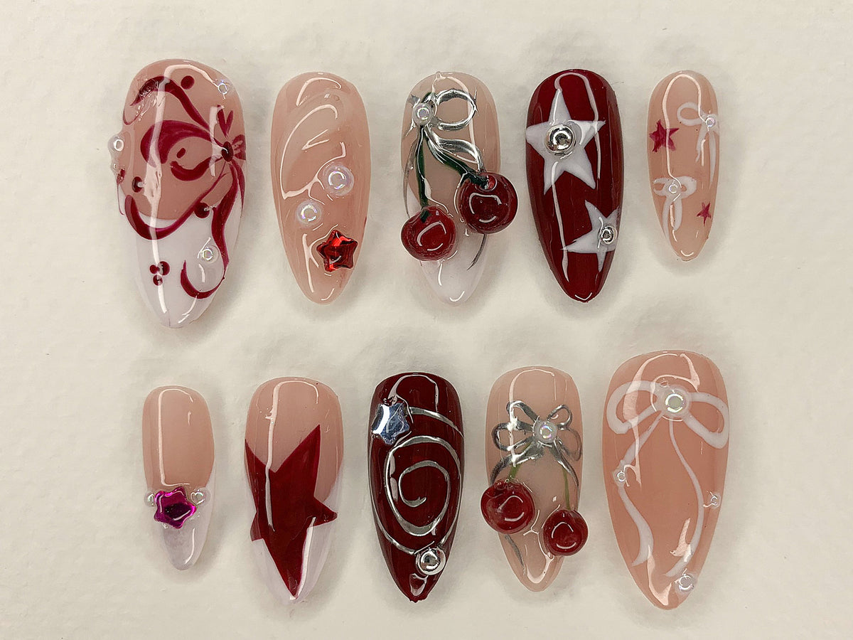 Red Cherry Blossom Nails | Cute Red & White Press On Nails | Y2K Star Style Nail Set | Summer, Holiday Nail Art | Gift | OC456AV