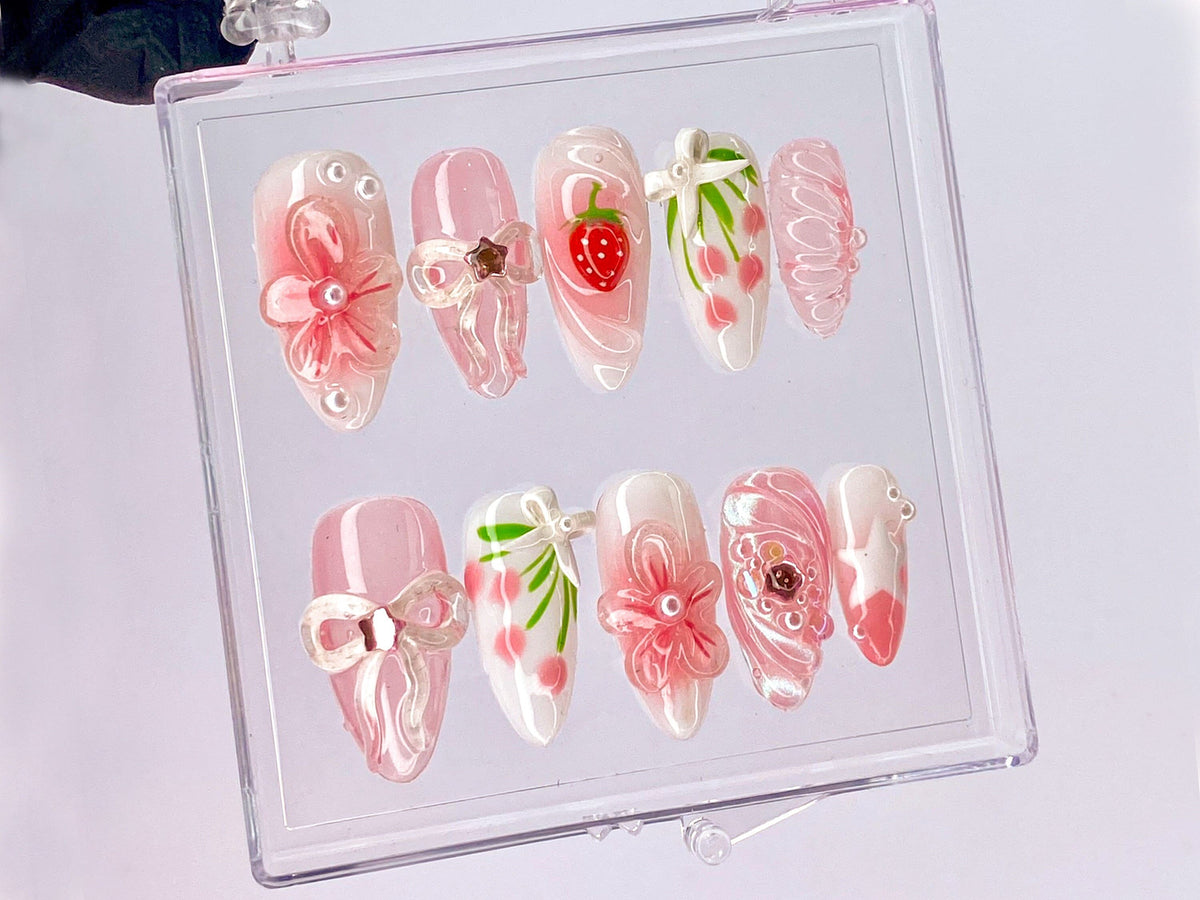 Sweet Strawberry Charm Press On Nail | Pink Bows and Flowers Nail | Floral Strawberry | Delicate Pink Floral | Y2K White Star Nail | OB433YL