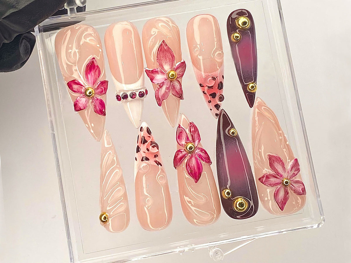 Elegant Floral Gem Press On Nail | Pink Blossom Nail Art | Luxury Flower Acrylic Nails | Artisan Pink Floral Fake Nails | Handmade | OB491YL
