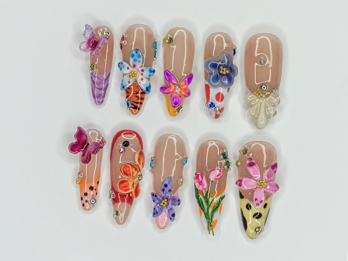Colorful Flower Garden Press On Nails | Vibrant Bloom Fake Nails | Butterfly & Flower Nail Art | Floral Fantasy Acrylci Nails | OB426Y