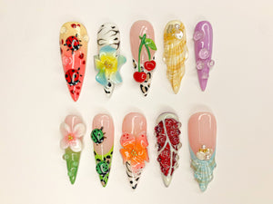 Kawaii 3D Press On Nails | Adorable 3D Nail Art | Cute Ladybug, Cherry, and Flower Designs | Vibrant 3D Kawaii Nails | OB461SL