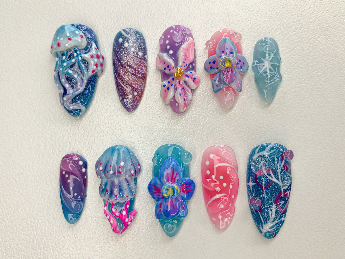 Ocean-Inspired 3D Press On Nails | 3D Jellyfish and Floral Art | Hand-Painted Underwater Press On Nails | Beautiful Ocean-Themed | OB463SL