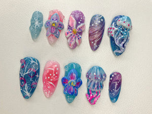 Ocean-Inspired 3D Press On Nails | 3D Jellyfish and Floral Art | Hand-Painted Underwater Press On Nails | Beautiful Ocean-Themed | OB463SL